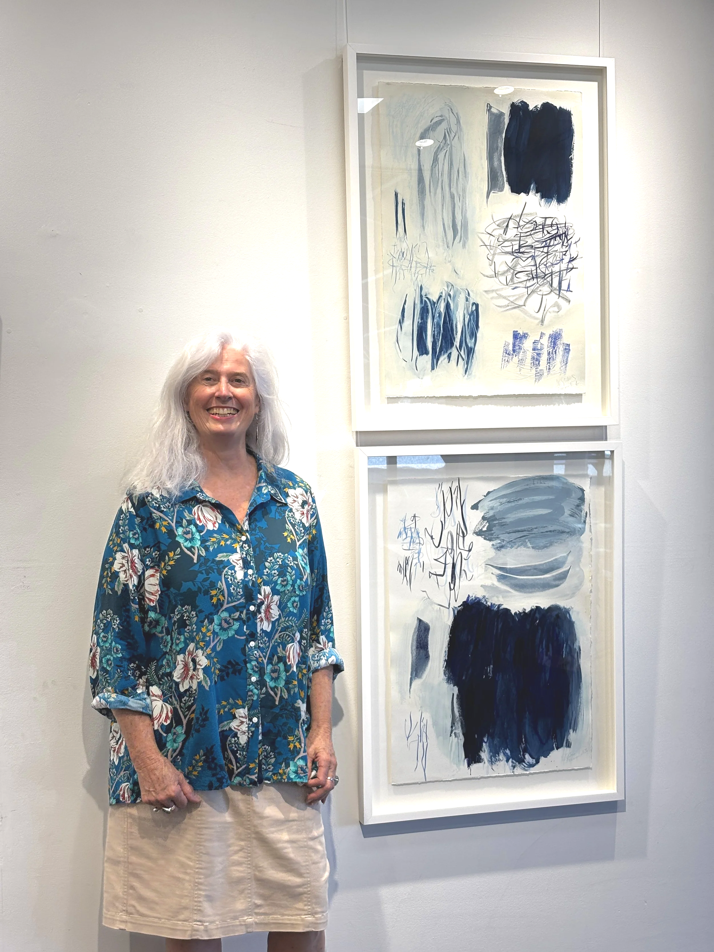 Wendy Stokes with Fragment 3 and Fragment 4, acrylic, pastel and pencil on Fabriano paper, framed.