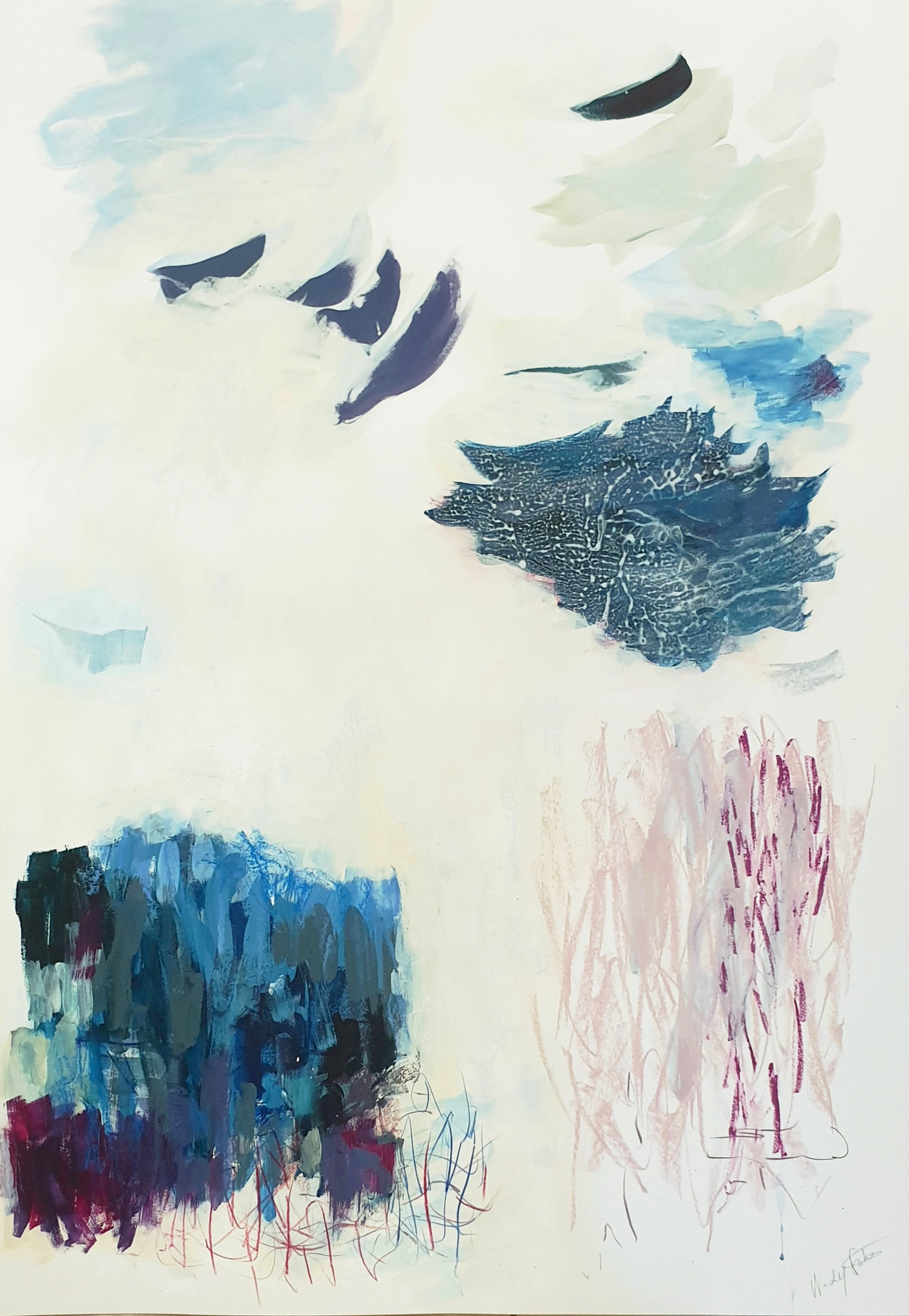 Wendy Stokes, Poem in the Wind 2, 2023, acrylic, gesso, pastel and progresso on Fabriano paper, 100cmx70cm, unframed. $2,500.