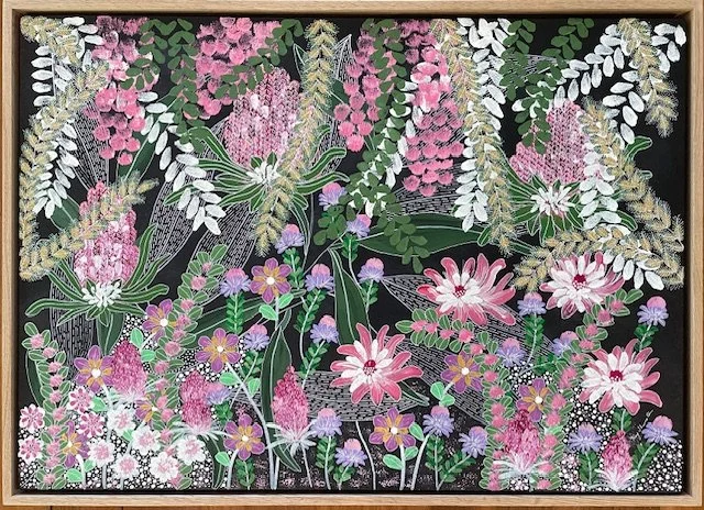 Kay Thurston, Blushing, acrylic on canvas, 74cm x 54cm. Floating oak frame. $750