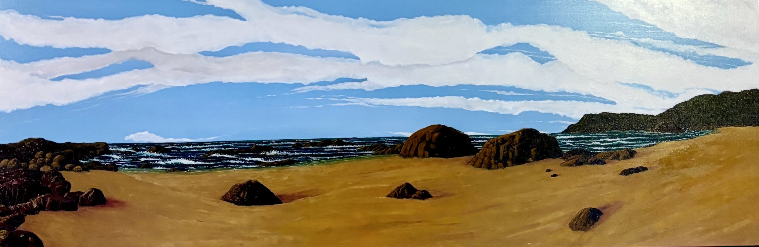 Miners Beach, 2025, oil on canvas, 41 x 122cm. $950