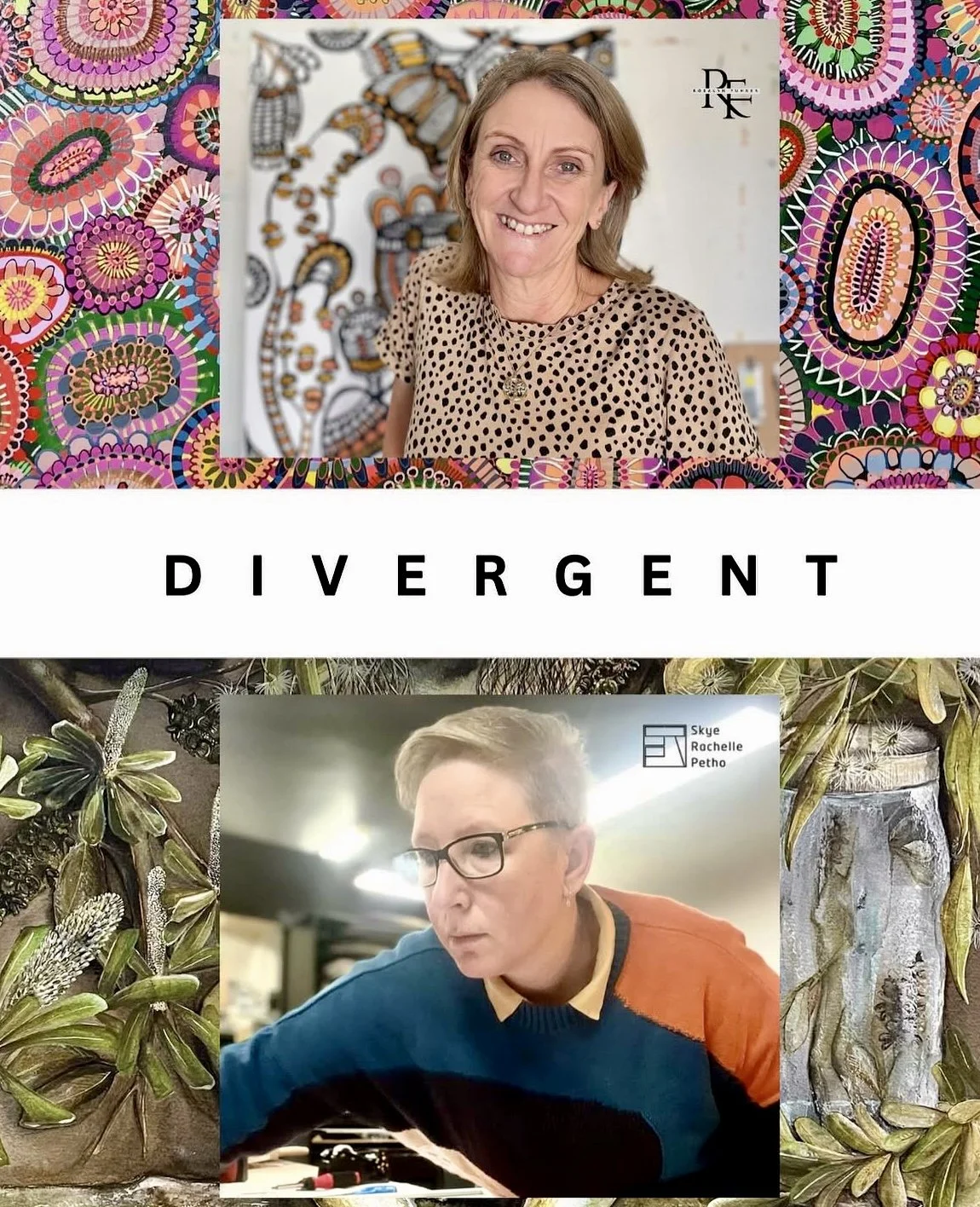 Collage featuring portraits of two women, one smiling woman wearing a polka-dot blouse and another woman with glasses and short hair working at a desk, surrounded by colorful artwork and botanical illustrations, with the word 'DIVERGENT' in bold black letters in the center.