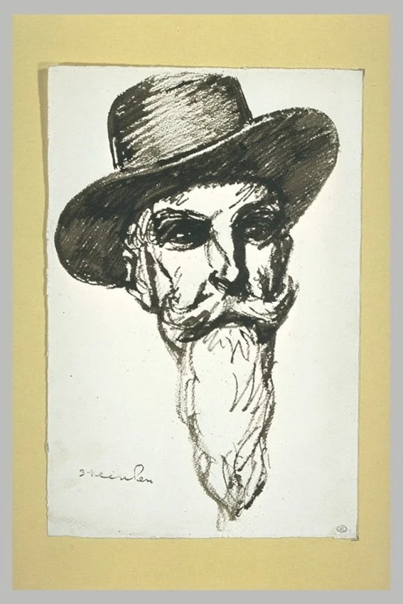 Black and white on yellowed old paper of Zo sd'Axa with a large beard and mustache, wearing a wide-brimmed hat.