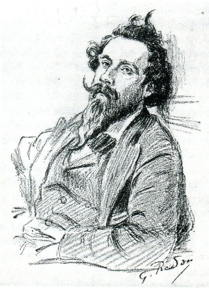 A pencil sketch of a Zo d'Axa with curly hair and a beard, resting his chin on his hand and looking upward.