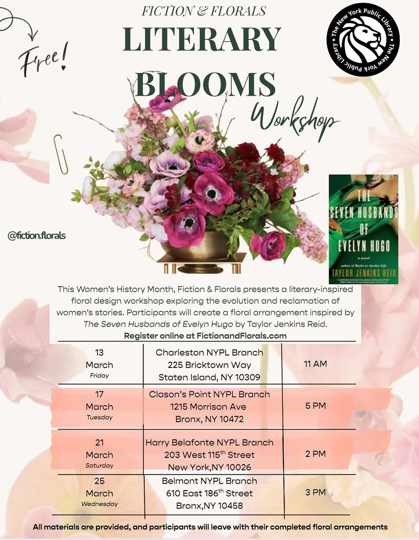 A gentle reminder that this week&rsquo;s Literary Bloom Workshops are in full bloom 🌸📖
In collaboration with the New York Public Library, this workshop series is inspired by the beloved novel The Seven Husbands of Evelyn Hugo. Together we&rsquo;ll 