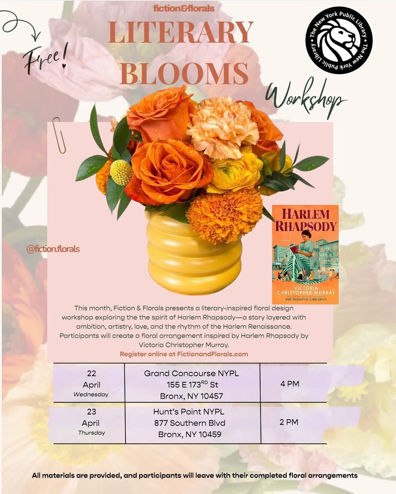 Good morning 💐 a gentle reminder that our Literary Bloom workshop in collaboration with the New York Public Library is happening this week ✨
Today, Wednesday April 22 at 4PM &mdash; Grand Concourse (registration is now closed) Tomorrow, Thursday Apr