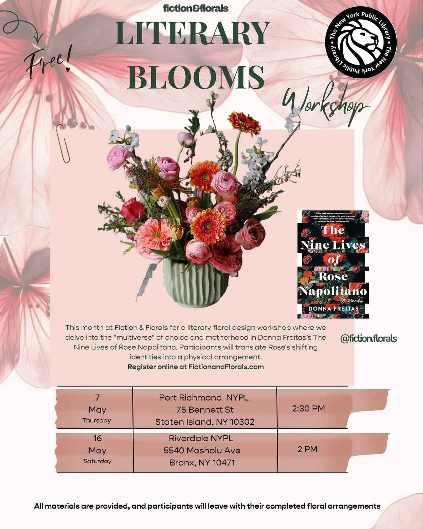 Turning pages into petals 💐📚 We are so excited for our upcoming Literary Bloom workshop series in collaboration with the New York Public Library. This month, our floral designs are inspired by the evocative storytelling of The Nine Lives of Rose Na