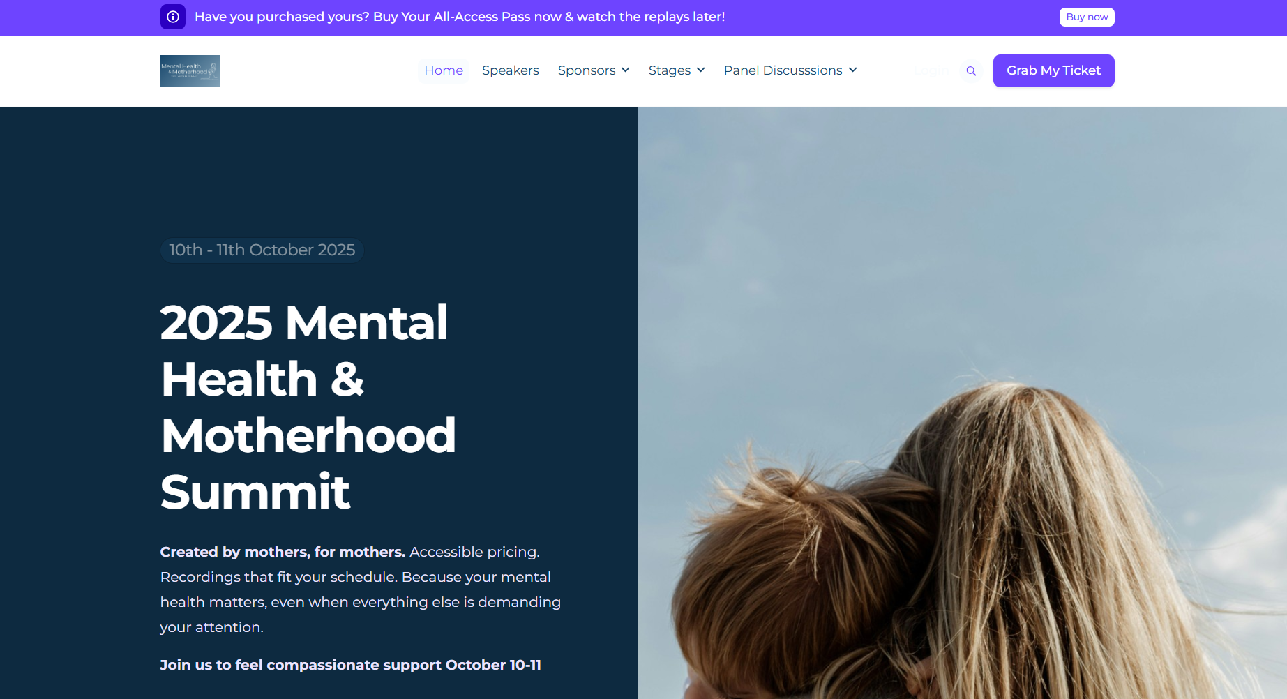 A web page promoting the 2025 Mental Health & Motherhood Summit, held from October 10-11, 2025. The page features a header with navigation links, a purple button to purchase tickets, and an image of people with two heads showing from behind, against a light blue sky background.
