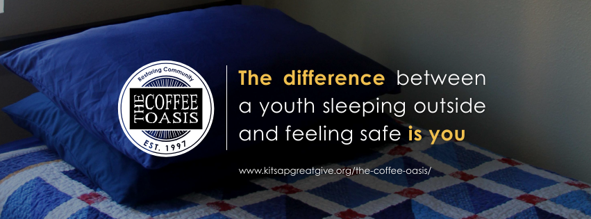 A bed with blue pillows and a quilt with a checkered pattern in red, white, and blue. Overlaid text promotes The Coffee Oasis and discusses the importance of feeling safe for youth sleeping outside.