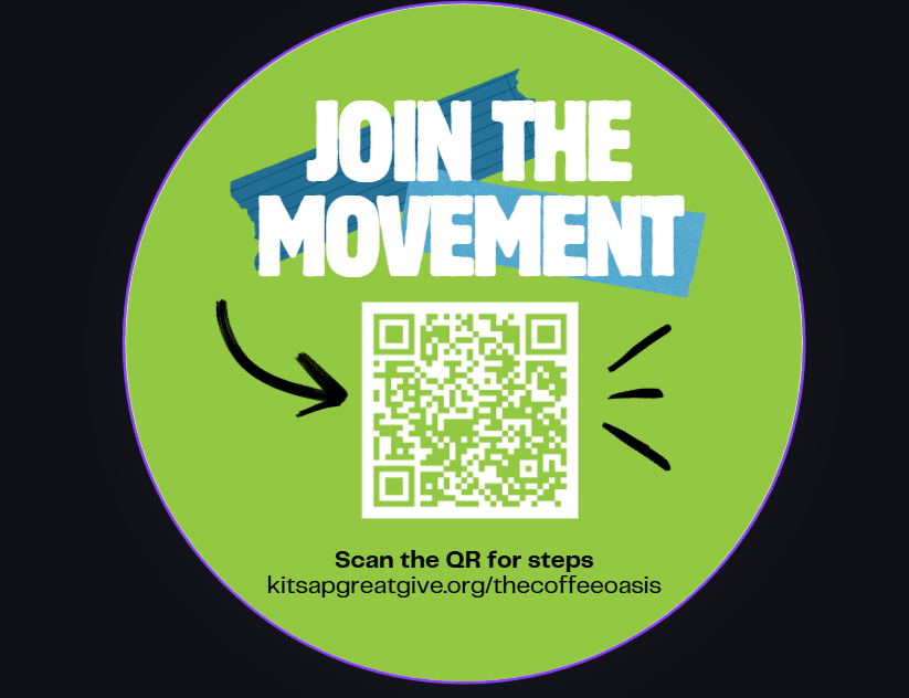 Green circular sign with the text "Join the Movement" in white and blue, an arrow pointing to a QR code, and smaller text reading "Scan the QR for steps" with a URL in black at the bottom.