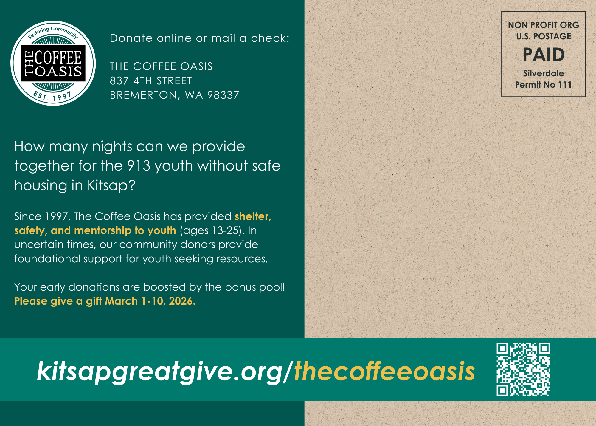 A flyer for The Coffee Oasis charity features its logo, address, and donation information. The flyer asks how many nights the organization can provide for youth in need, describing their mission since 1997. It encourages donations between March 1-10, 2026, and includes a URL and QR code for donations.