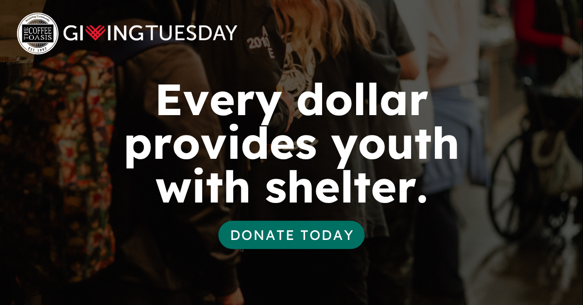 People in line at a donation event for youth shelter, with a prominent message about the impact of every dollar donated on youth shelter. The event is associated with Giving Tuesday and Coffee Oasis.