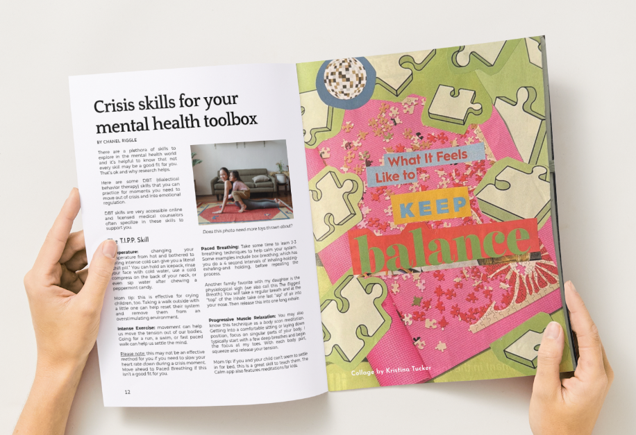 Open booklet titled 'Crisis skills for your mental health toolbox' featuring a page with text about mental health strategies and a photo of a child doing yoga, and a colorful, puzzle-themed cover with the words 'What It Feels Like to Keep Balance' by Kristina Tucker.