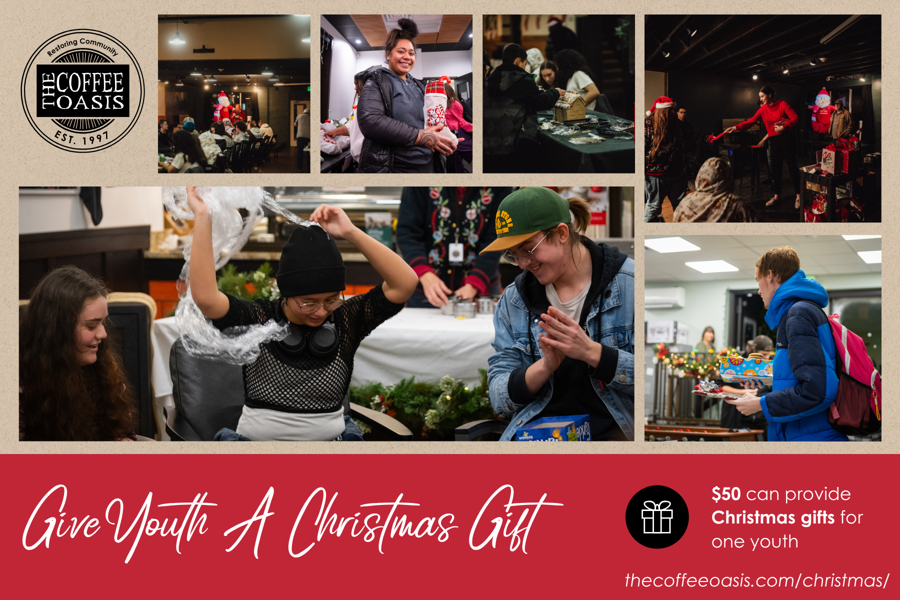 Collage of images from a Christmas event at the Coffee Oasis. Top row shows a group of people gathered in a decorated space, a woman smiling and holding a Christmas gift, people browsing at a table, and individuals on stage with Christmas costumes. Bottom row includes a girl working on a holiday craft, young people opening presents, and a person with a backpack receiving a gift. The event promotes giving youth Christmas gifts.