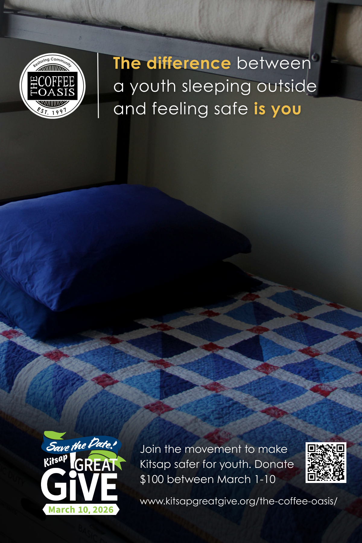 A bed with a blue pillow and a quilt with red, white, and blue pattern, situated against a plain wall, with a lofted bed above.