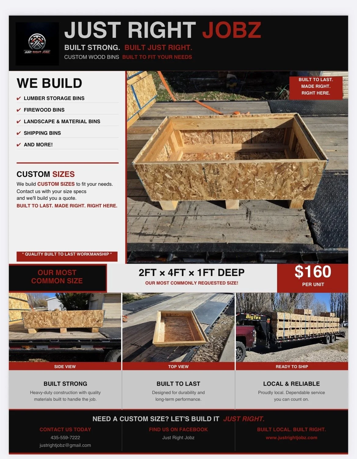 An advertisement for custom-built wooden bins, showing a large wooden storage container on a flatbed truck, with smaller images of different angles of the bin and a loaded truck, along with text details about size, price, and contact information.