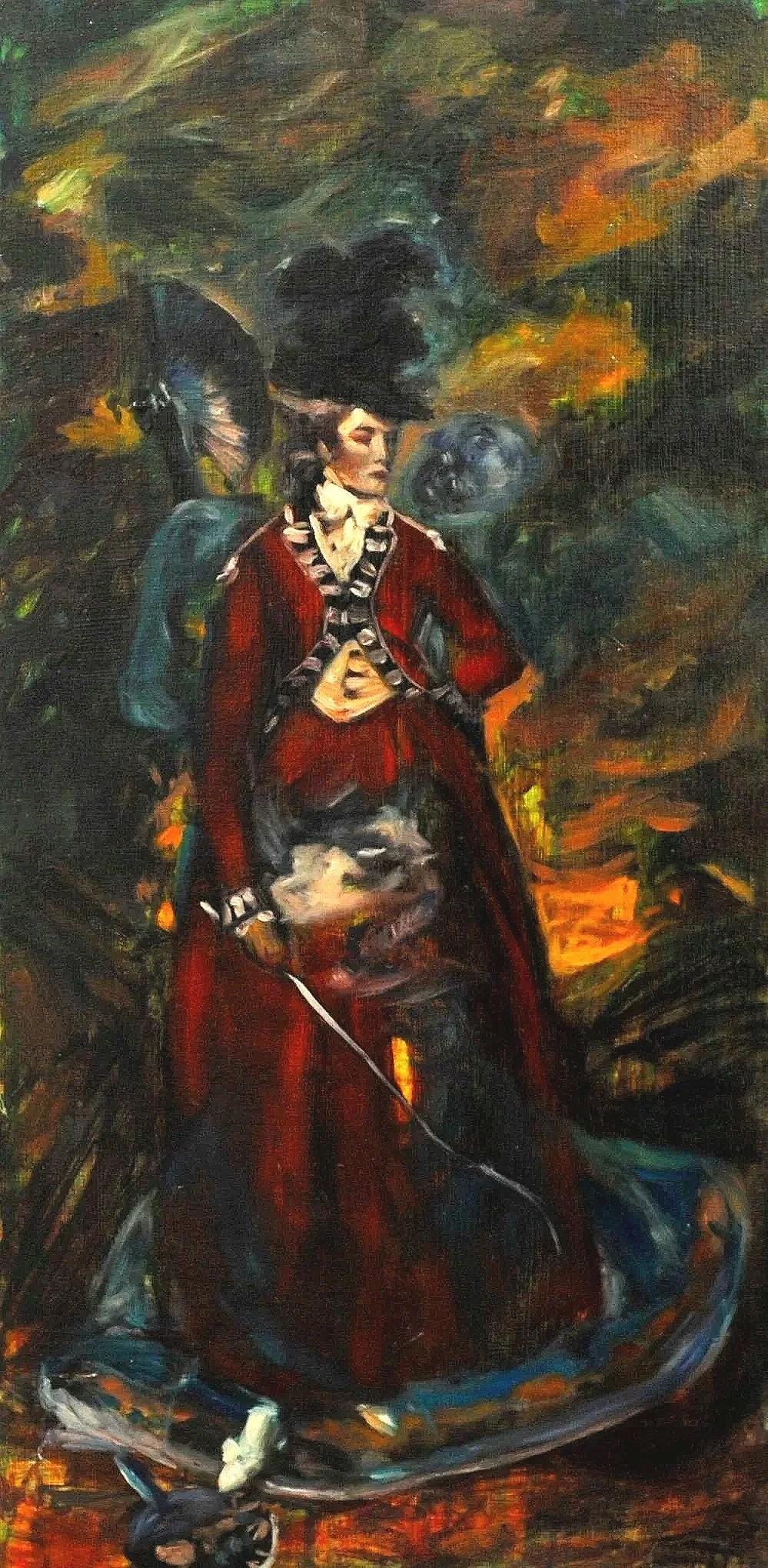 From Reynolds' "Lady Worsley" (1776) and Monet's "La Japonaise" (1876)

Oil and acrylic on wooden panel
12" x 24"
2011