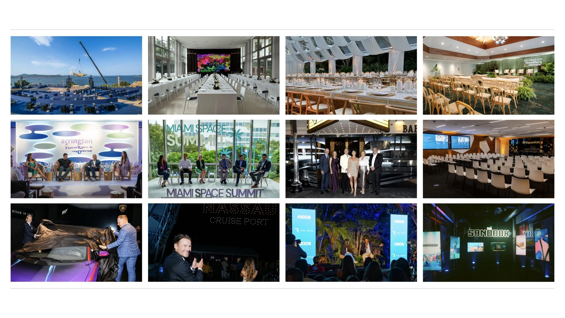 Collage of various event scenes including a rooftop construction site, a formal dining setup, a decorated outdoor tent, a conference room, panel discussion, seated networking event, a group of professionals at a hotel, a conference hall with empty chairs, a car unveiling, a nighttime outdoor event with a screen, a stage with a panel, and an exhibition booth with digital displays.