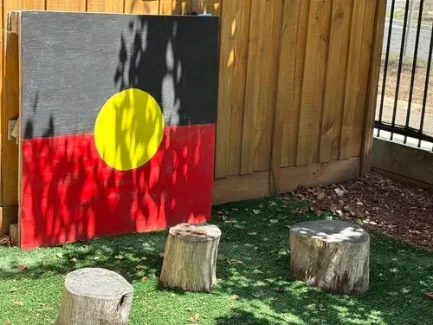 Wooden panel painted with Aboriginal flag colors, three tree stump seats, wooden fence, and artificial grass.