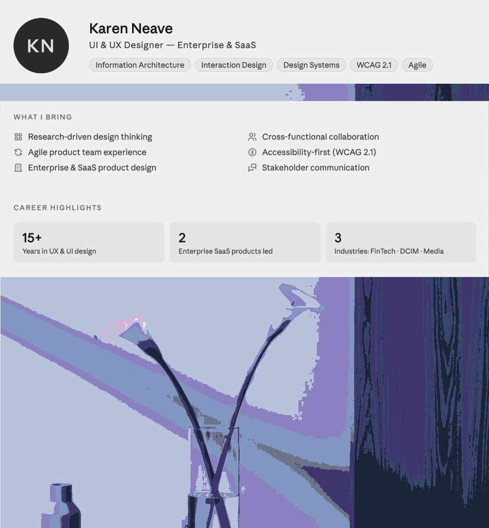 Screenshot of Karen Neave's professional online profile displaying her name, title as UI & UX Designer, and categories including Information Architecture, Interaction Design, Design Systems, WCAG 2.1, and Agile. The profile highlights her focus on research-driven design thinking, collaboration, accessibility, stakeholder communication, her career highlights of over 15 years in UX/UI design, leading 2 enterprise SaaS products, and working in industries like FinTech, DCIM, and Media. The background features a stylized abstract art with various shades of blue and purple.