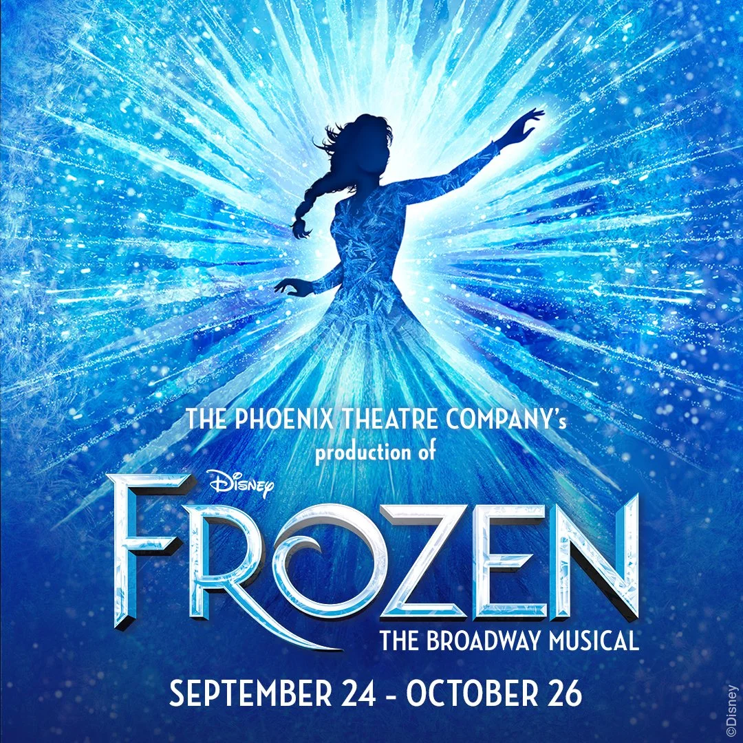 Silhouette of a woman in a sparkling blue dress with a braid, surrounded by an icy, snowflake-filled background, promoting 'Frozen The Broadway Musical' production from September 24 to October 26.