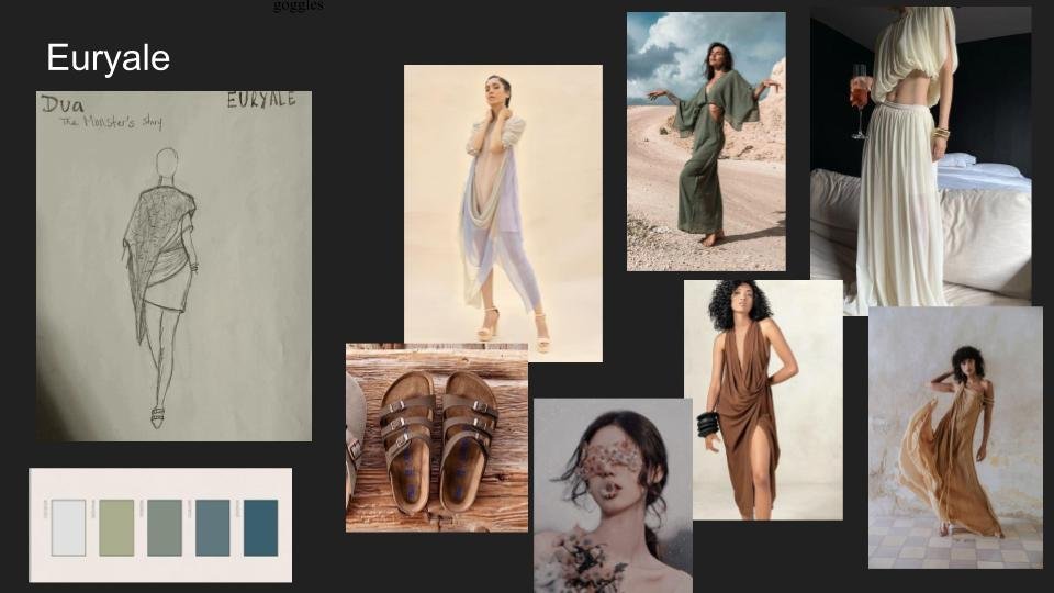 Collection of fashion images including sketches, models in flowing dresses, casual outfits, and accessories like sandals, with a focus on neutral and earthy tones for a fashion design presentation.