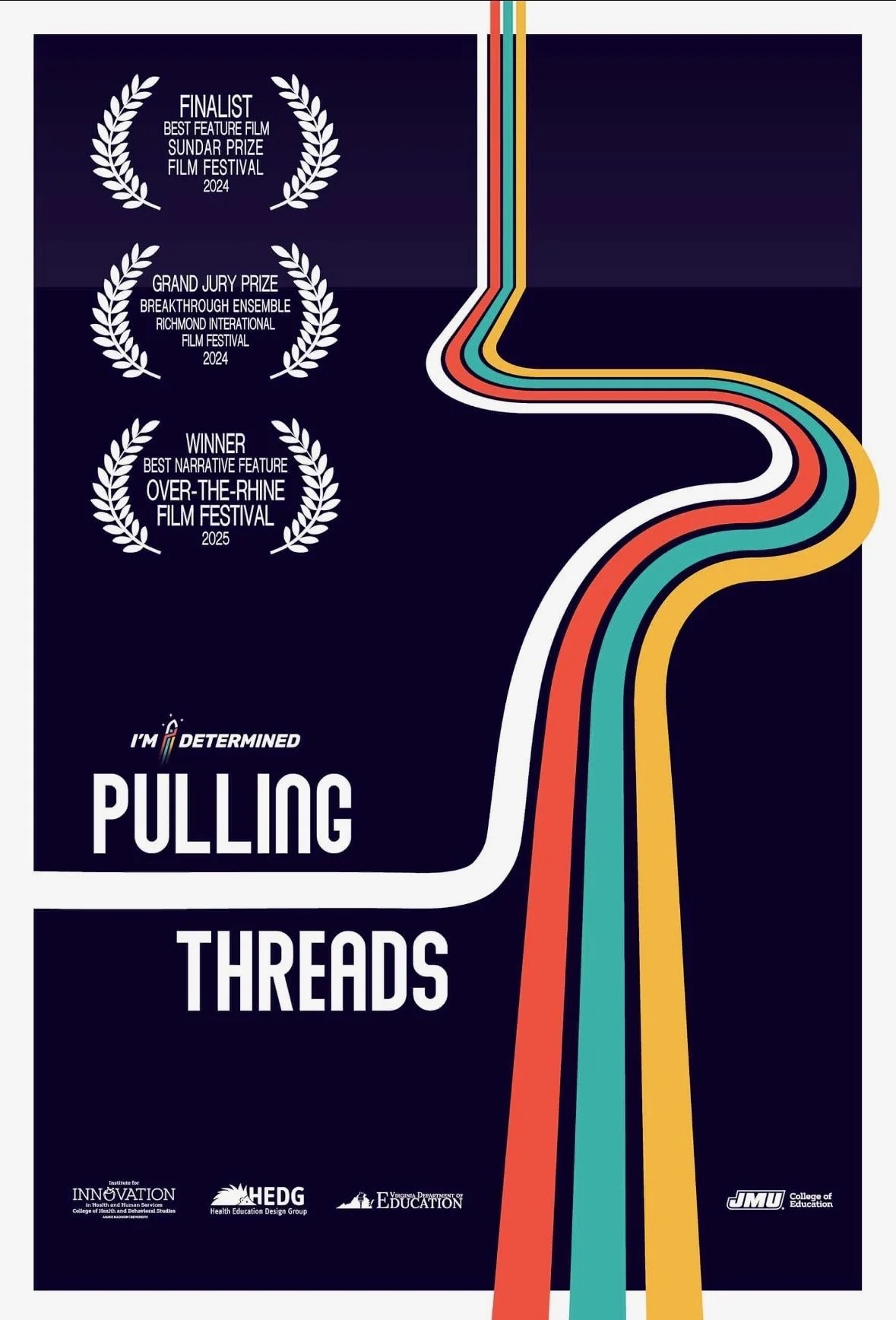 Poster for a film festival featuring awards, laurels, and a colorful winding road design, with the phrase 'I'm determined pulling threads' and sponsor logos at the bottom.