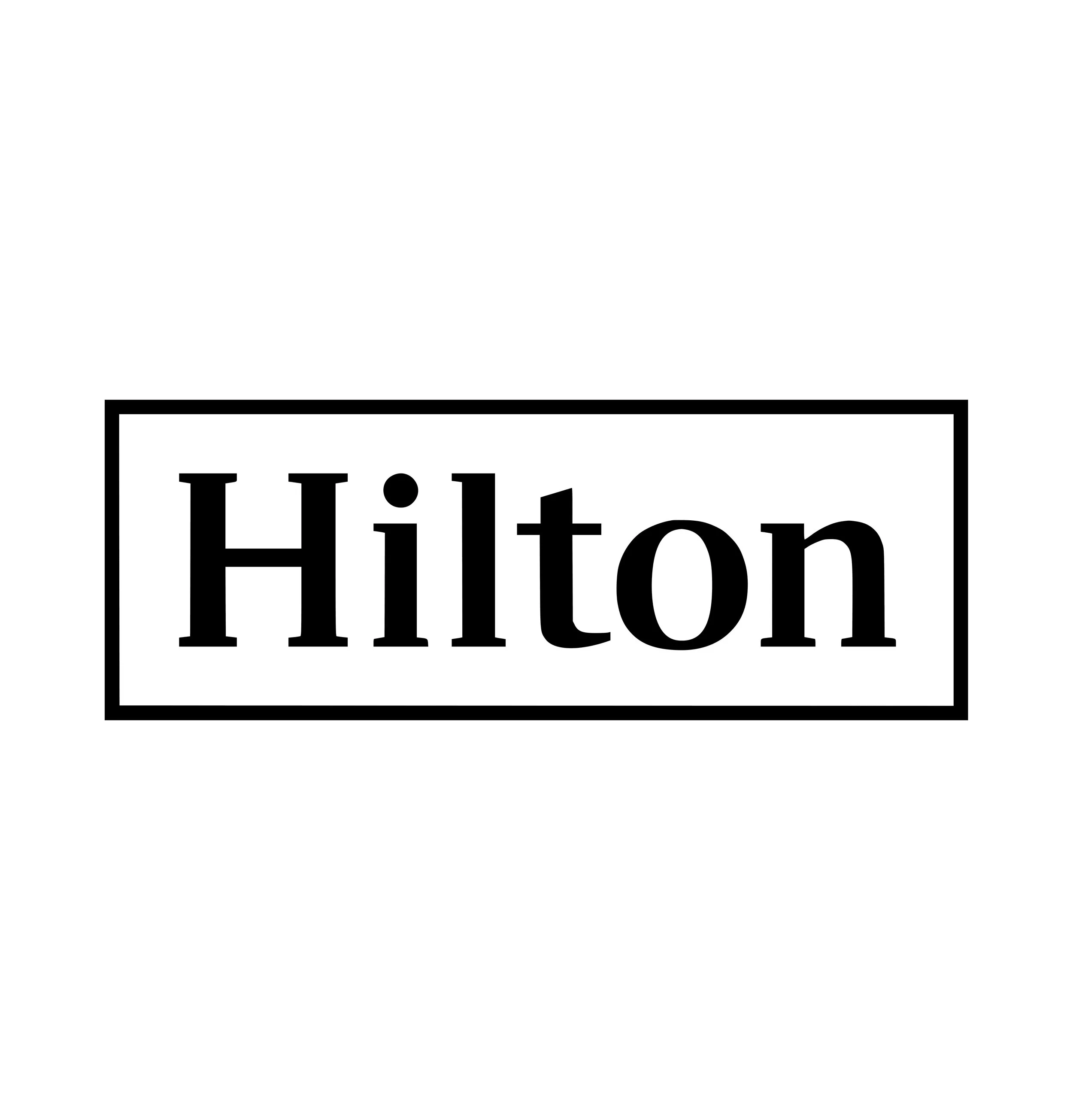 Black text reading 'Hilton' inside a black-outlined rectangle on a white background.
