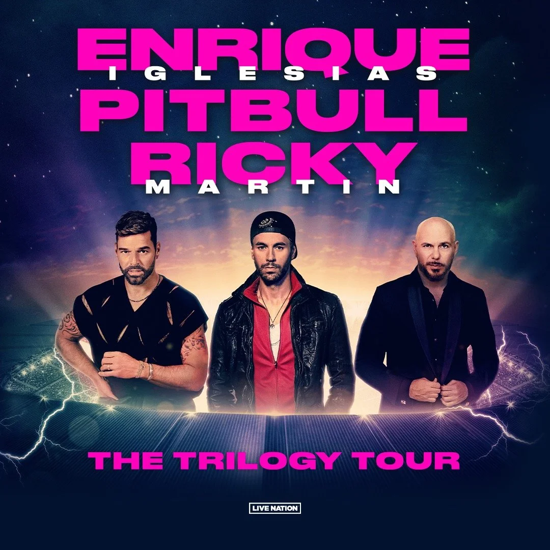 Promotional poster for Enrique Iglesias, Pitbull, and Ricky Martin's trilogy tour. The poster features three male artists standing in front of a stormy background with lightning, and has text in bold pink letters at the top and bottom.