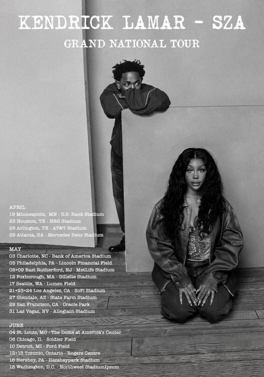 Black and white promotional poster for Kendrick Lamar's SZA Grand National Tour featuring a woman with long curly hair sitting on the floor and another woman leaning out from behind a wall, with tour dates listed from April to June in various U.S. cities.