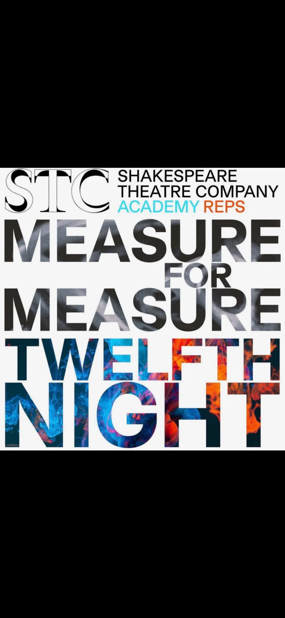 Poster for Shakespeare Theatre Company Reps' production titled "Measure for Measure" with colorful smoke background.