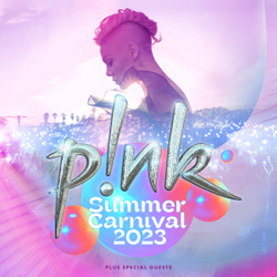 Poster for Pink Summer Carnival 2023 featuring a woman with mohawk hairstyle and pastel colors.