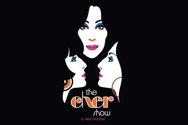 Graphic illustration of three women's faces in profile with dark hair, and the title 'the Cher show' in bold orange and white text, indicating a musical production.