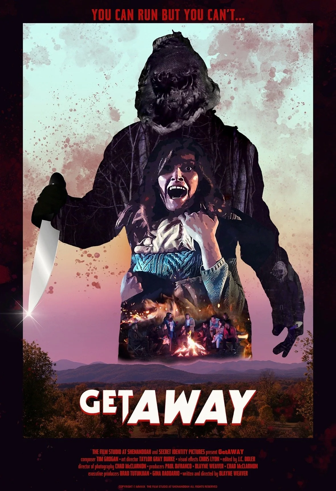 A horror movie poster showing a masked figure holding a large knife and a woman with an expression of terror. The background features a nighttime outdoor scene with a campfire and a group of people. The text at the top reads, 'YOU CAN RUN BUT YOU CAN'T...,' and at the bottom, 'GET AWAY.'