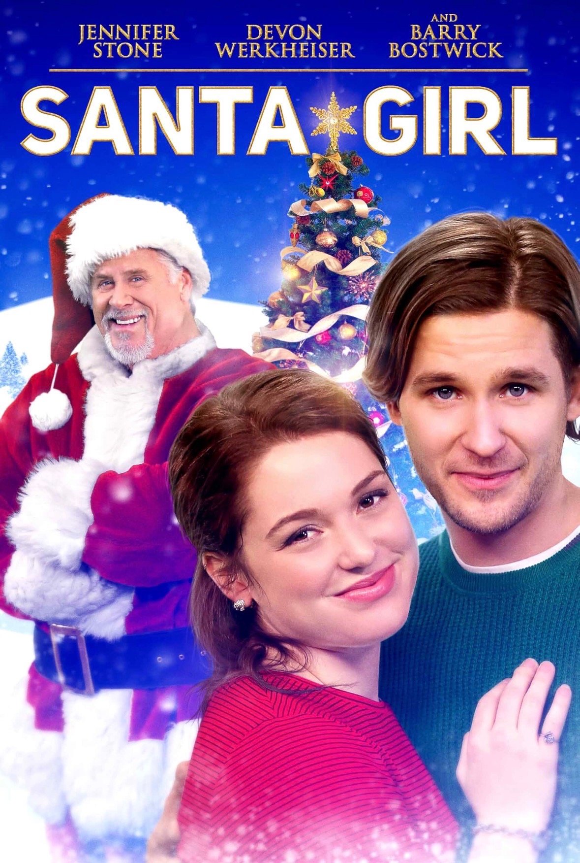Cover of the movie 'Santa Girl' featuring a smiling man and woman embracing in the foreground, with a cheerful man dressed as Santa Claus and a decorated Christmas tree in the background, against a snowy winter scene.