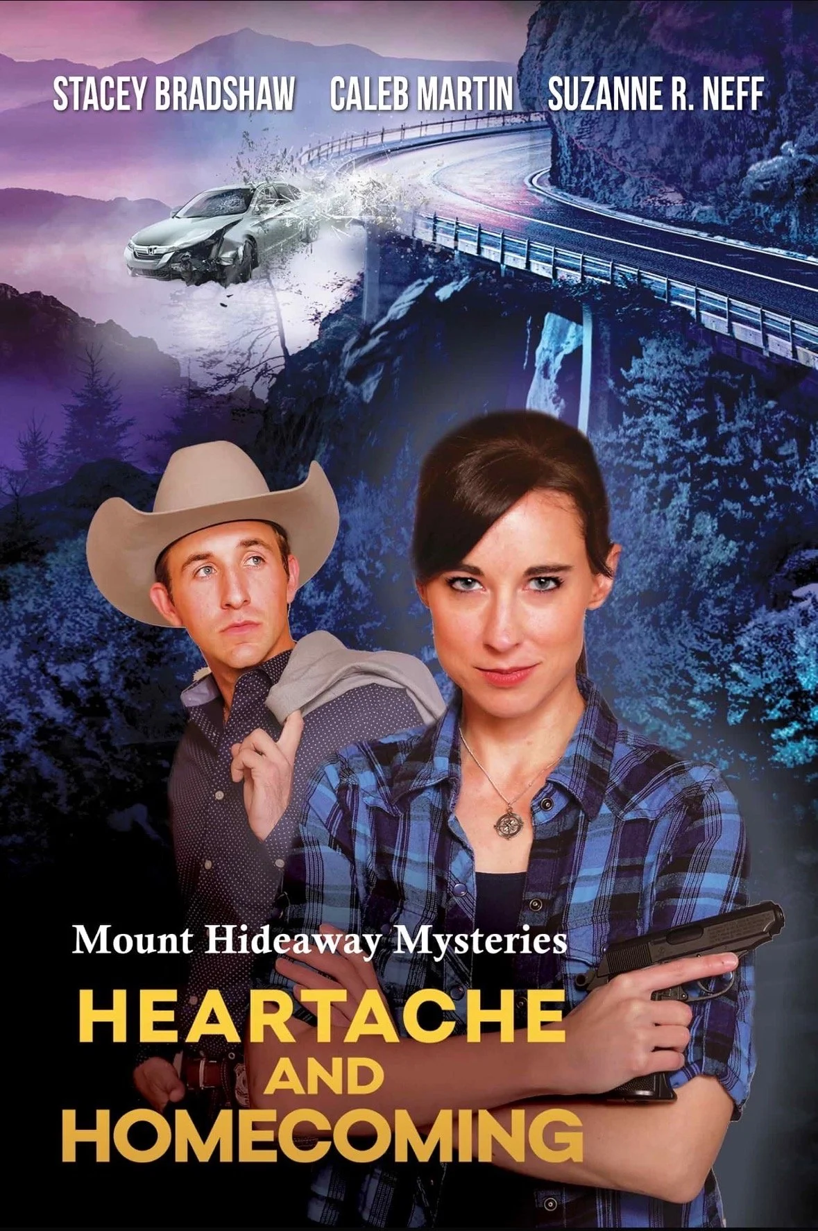 Book cover for 'Heartache and Homecoming' from Mount Hideaway Mysteries series, featuring a woman holding a gun and a man wearing a cowboy hat, with a mountain landscape and a car crash scene in the background.