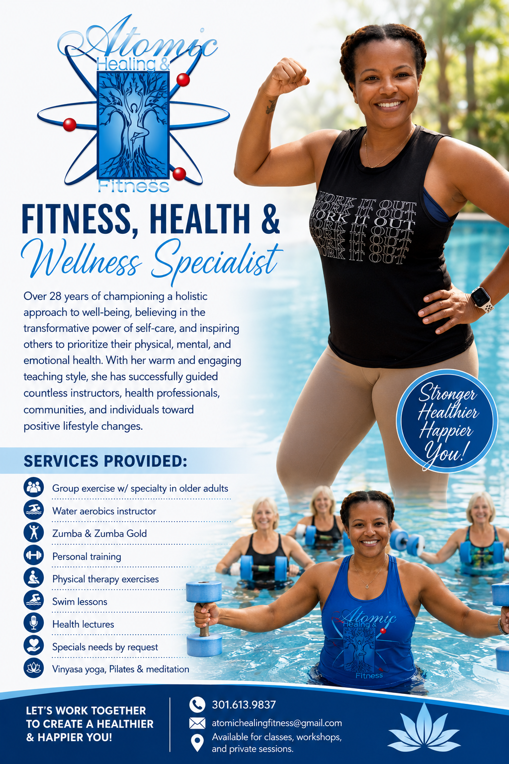Flyer advertising Atomic Healing & Fitness, a wellness specialist with images of women exercising in a pool, promoting fitness, health, and wellness services.