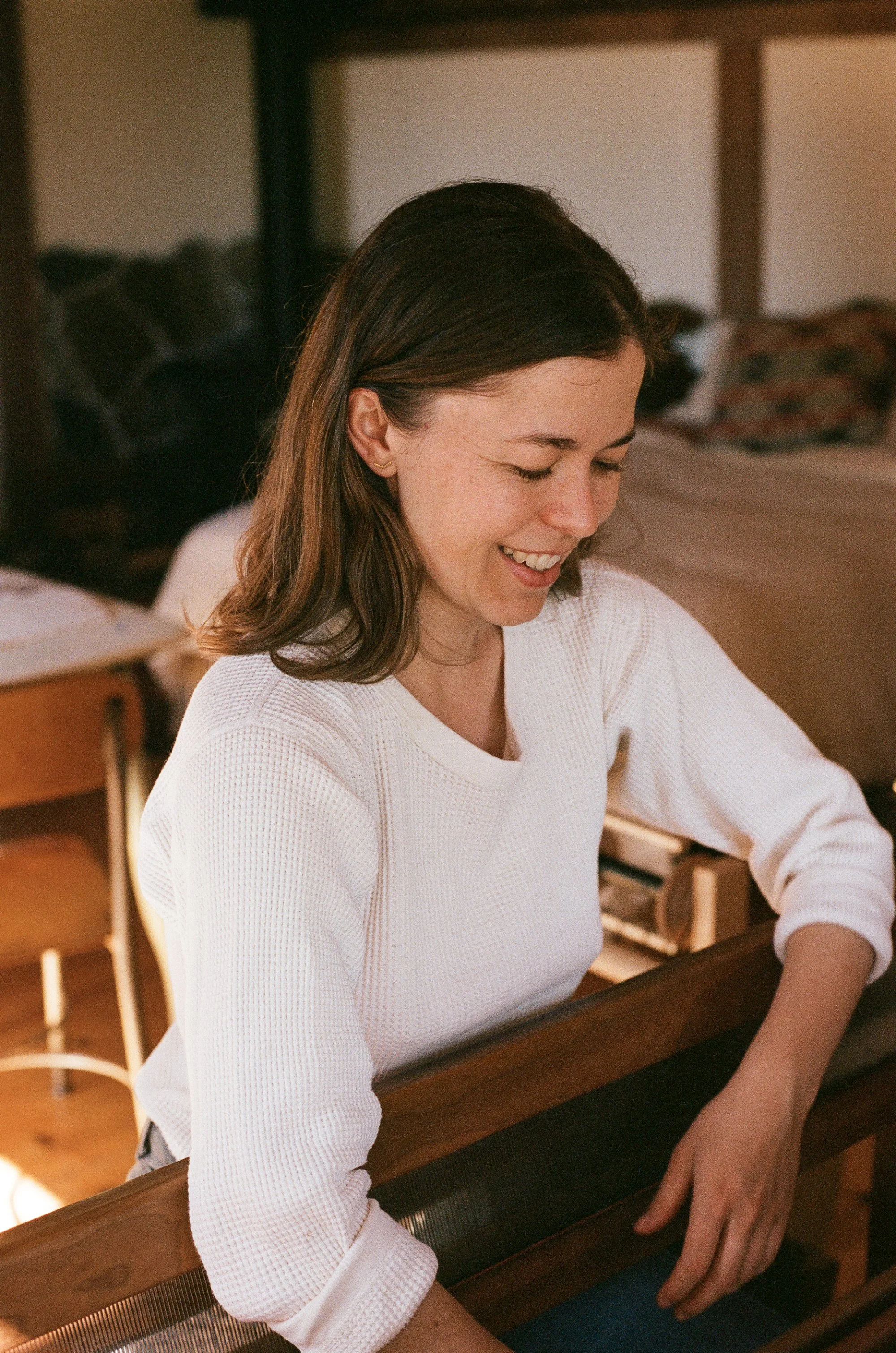 Weaver Claire Crews at home in Inverness, California