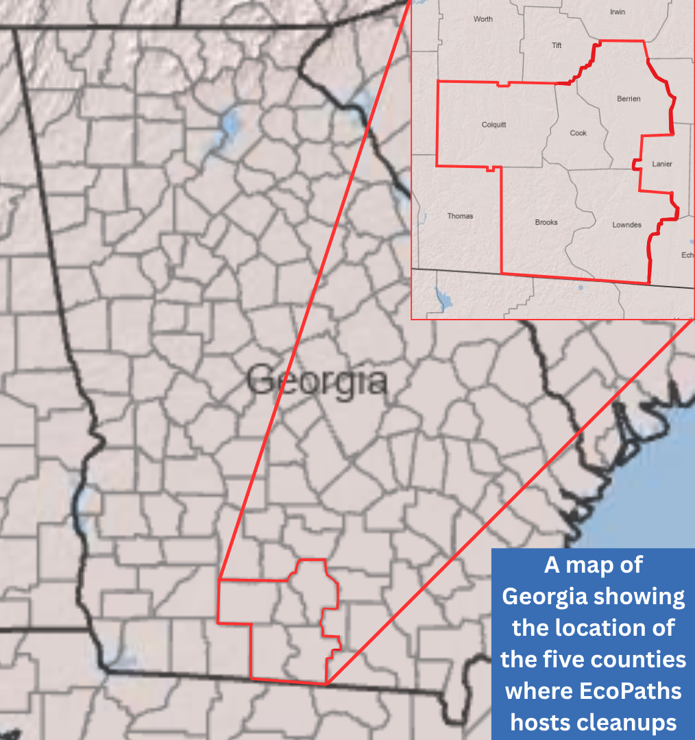 A map of Georgia showing the location of the five counties where EcoPaths hosts cleanups outlined in red.