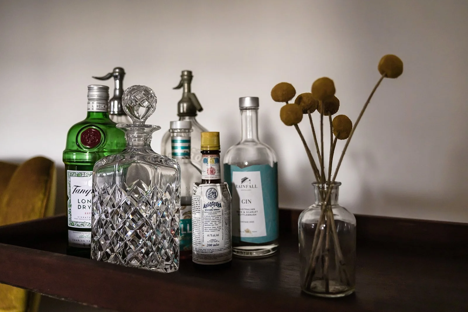 Drinks trolley with Australian yellow wildflowers