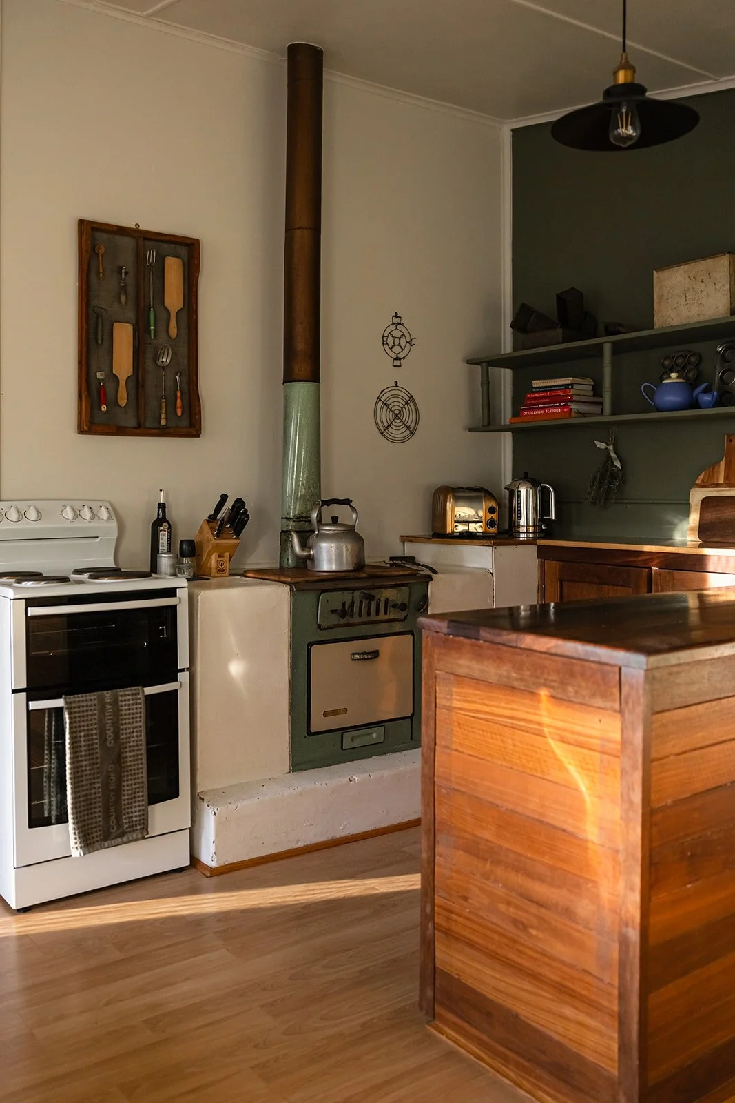 Classic Australian country kitchen with wood stove