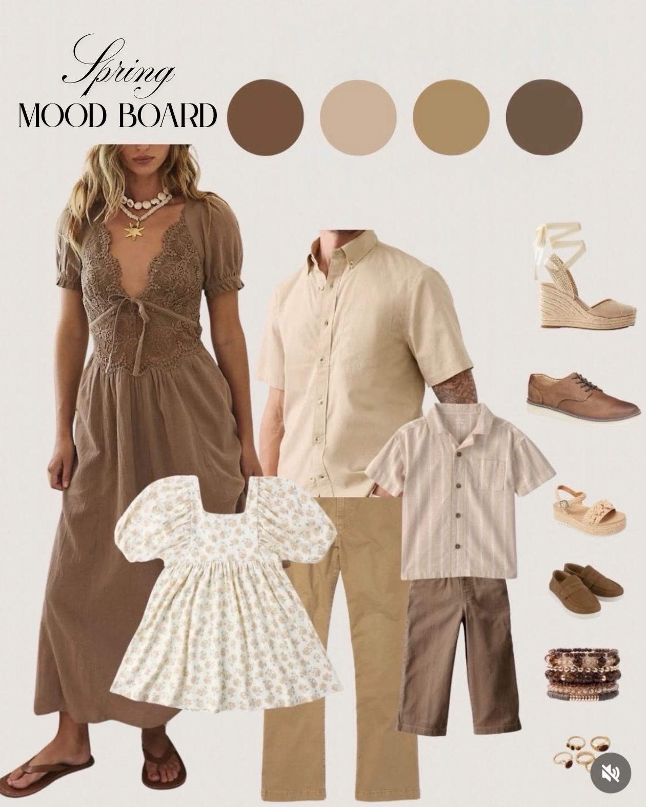 Spring mood board featuring neutral earth-toned clothing and accessories, including a brown lace dress, beige button-up shirt, beige striped shirt, tan pants, yellow wedge shoes, beige and brown sandals, brown shoes, stacked bracelets, and rings.