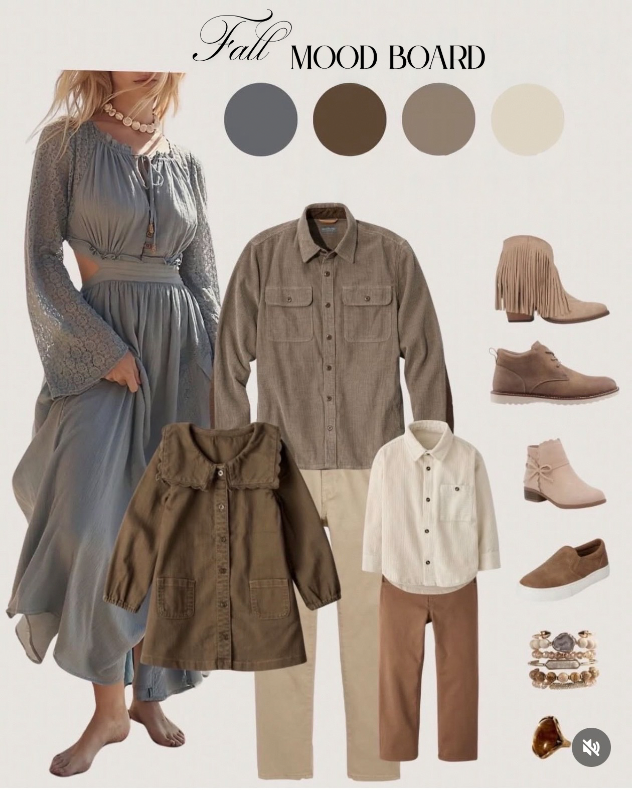 Fall mood board featuring neutral-toned clothing and accessories, including a flowy dress, plaid shirts, khaki and beige pants, tassel boots, ankle boots, loafers, and jewelry with gold and gemstone accents.