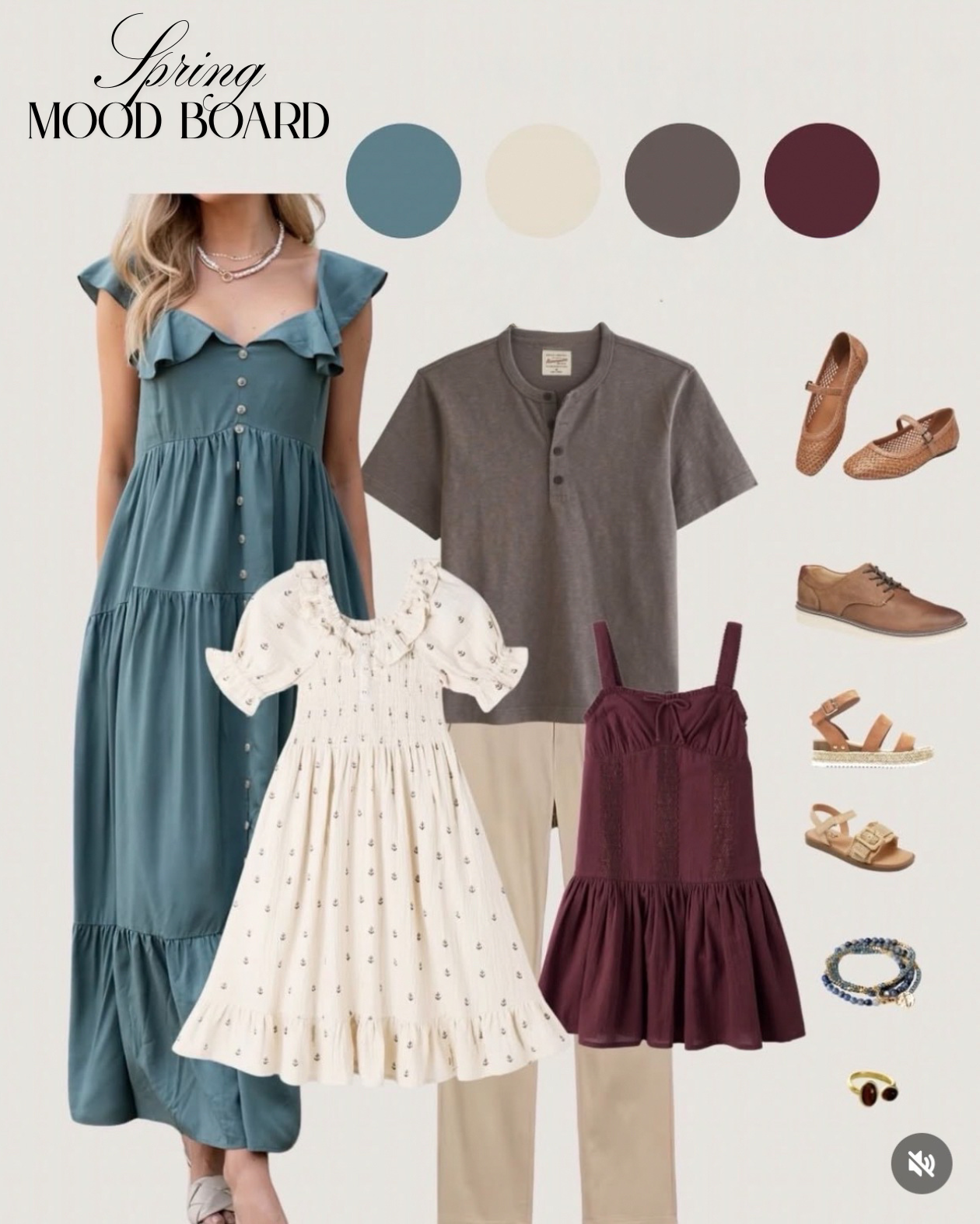A spring mood board featuring a teal dress, beige and maroon dresses, a gray t-shirt, tan shoes, sandals, a bracelet, and sunglasses, with a color palette of teal, cream, gray, and maroon.