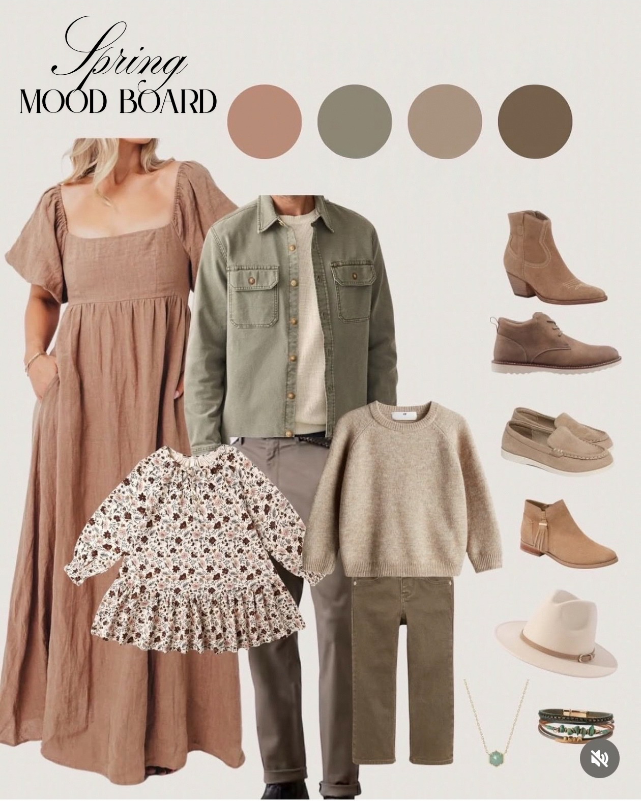 Spring mood board featuring neutral-toned clothing and accessories, including a long beige dress, green jacket, floral dress, beige sweater, brown pants, wide-brimmed hat, and various footwear and jewelry items.