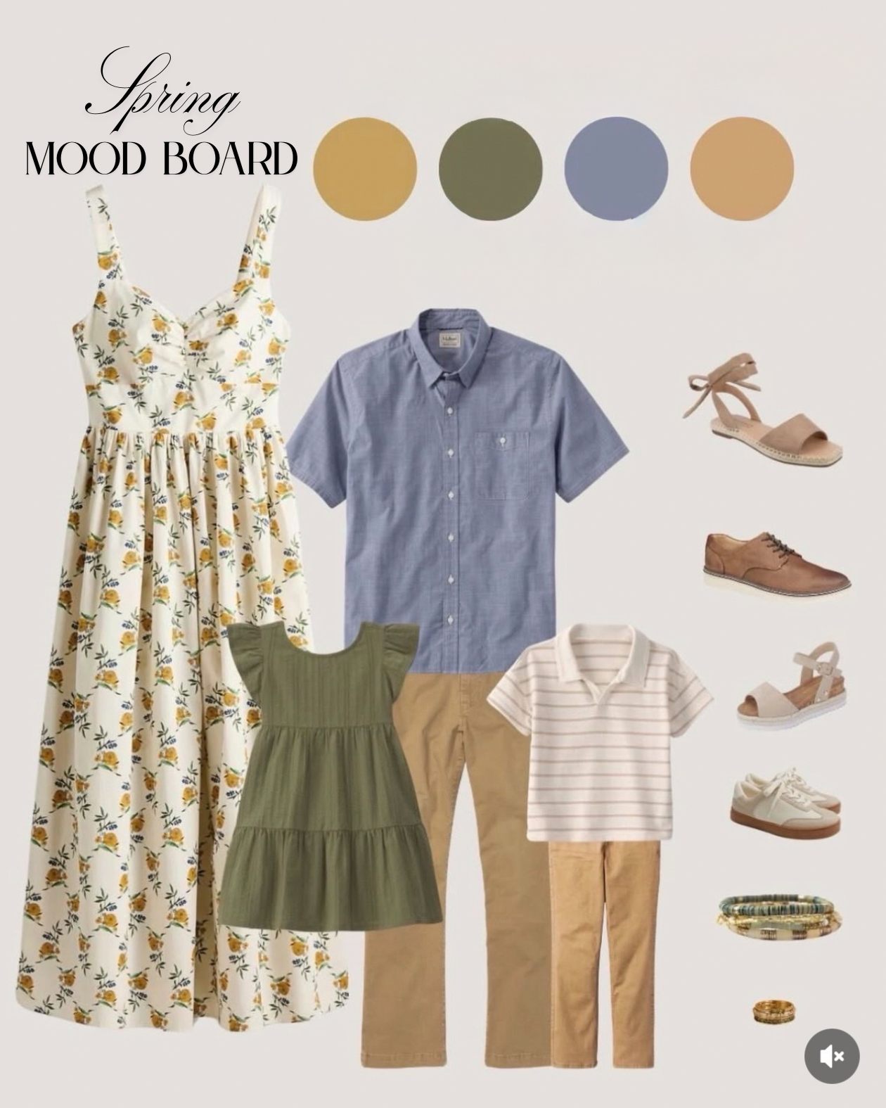 Spring mood board with clothing and accessories in earthy tones. Features a floral maxi dress, green dress, blue short-sleeve button-up shirt, beige pants, striped polo, sandal, loafer, sneaker, and colorful bracelets.