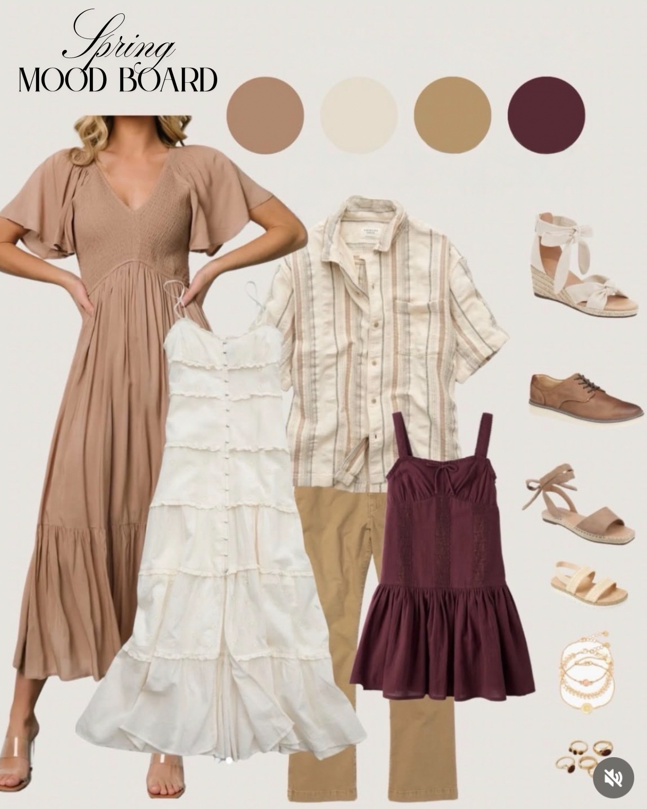 Spring mood board featuring neutral earthy tones with clothing and accessories, including a beige maxi dress, white tiered dress, striped short-sleeve shirt, maroon sundress, tan trousers, and various shoes, jewelry, and color swatches.