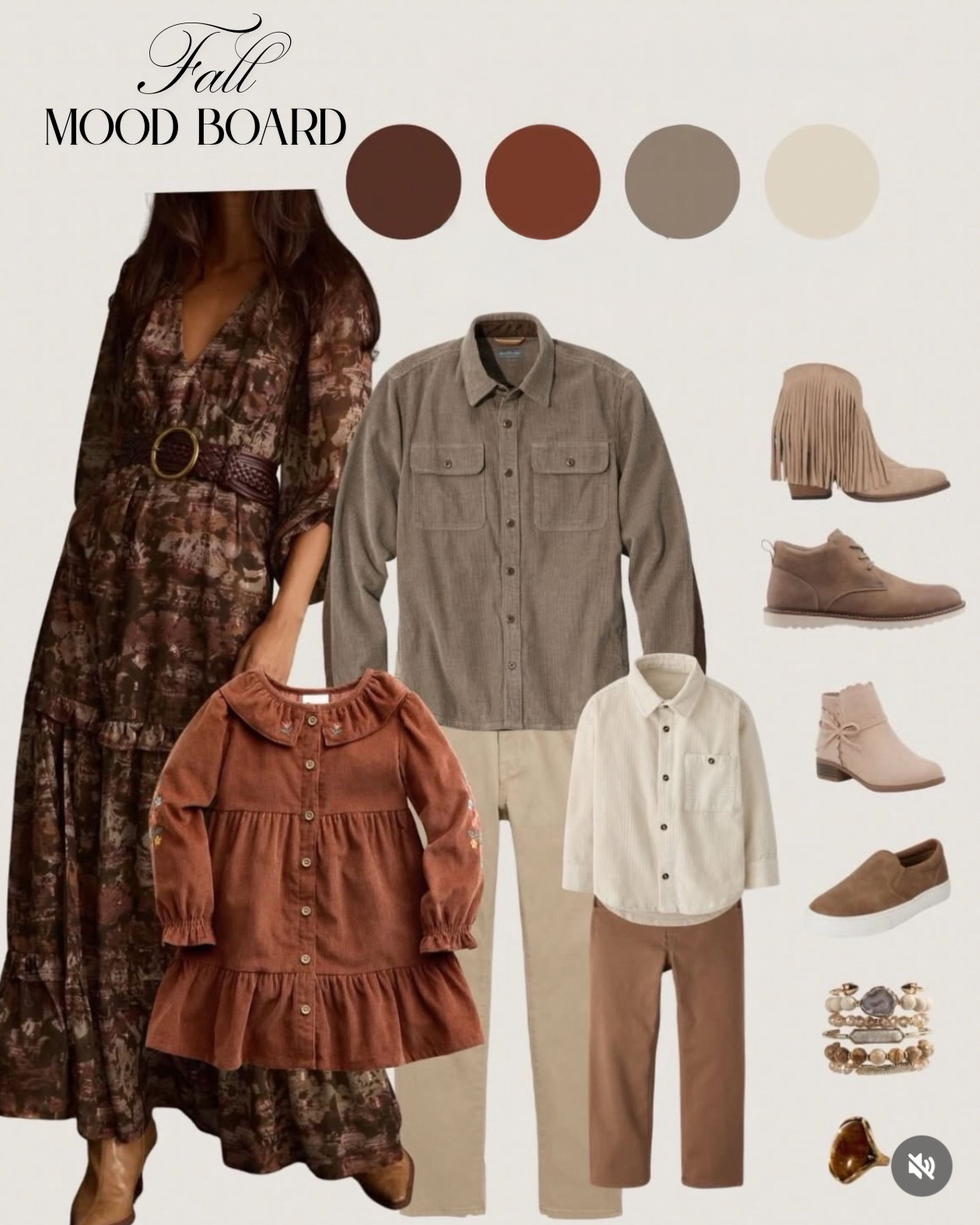 Fall mood board featuring clothing and accessories in earth tones, including a wallpaper with a person wearing a flowy dress, two button-up shirts, pants, skirts, various boots and shoes, and jewelry.