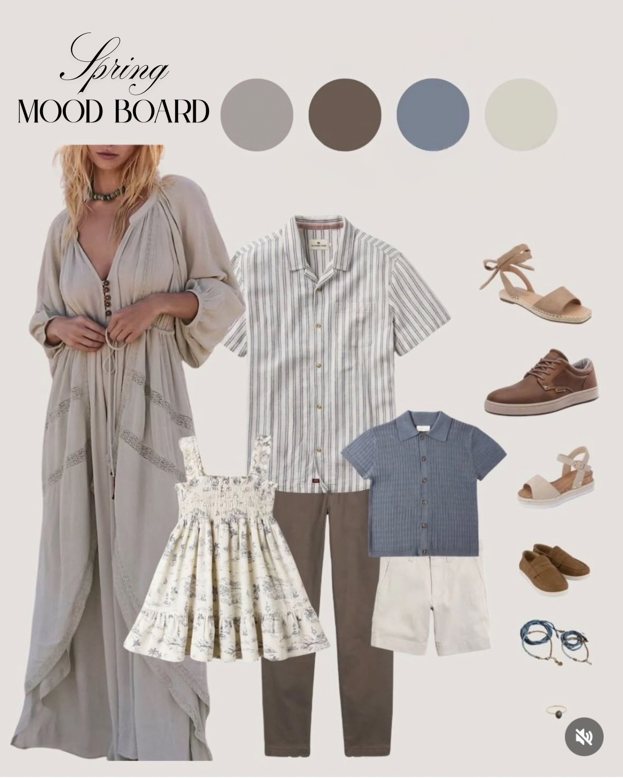 Spring mood board with clothing and accessories including a beige dress, striped shirt, blue short-sleeve button-up, white shorts, brown shoes, beige sandals, bracelets, and ring, featuring a color palette of gray, brown, blue, and light green.
