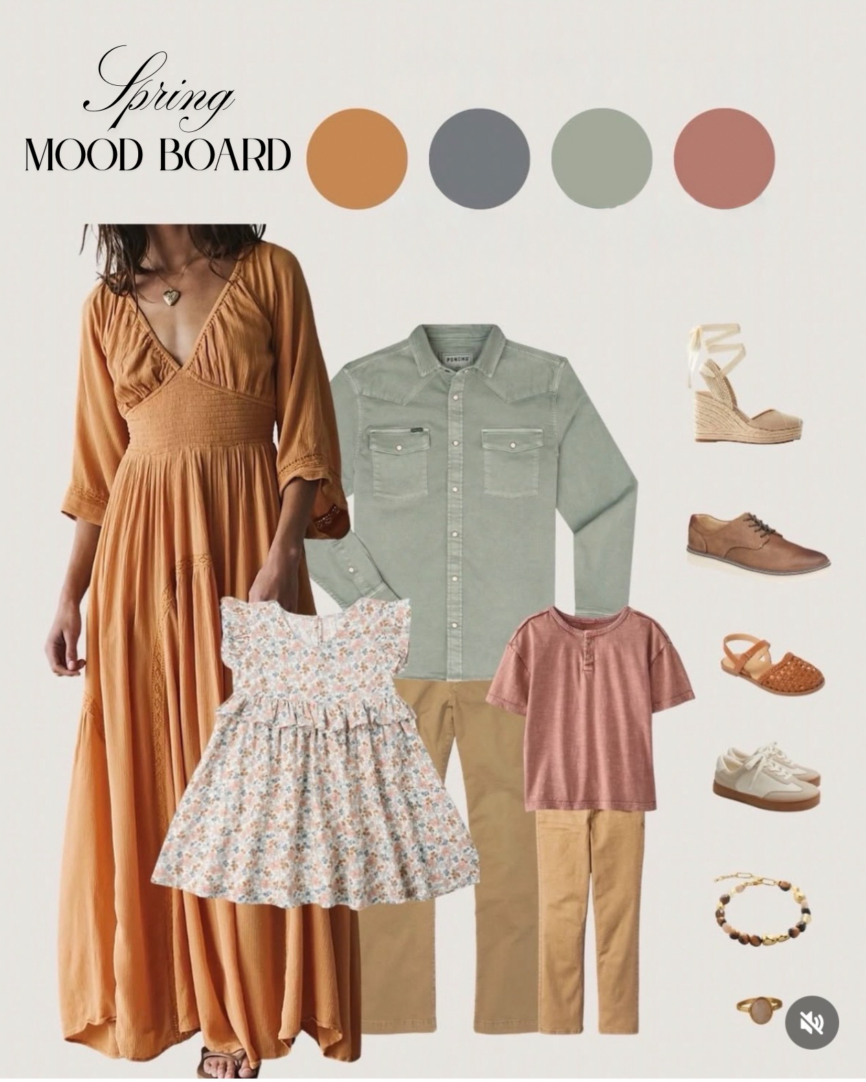 Spring mood board featuring a woman in a long orange dress, a floral dress, a light green shirt, tan pants, tan and white shoes, an orange sandal, a pair of white sneakers, a beaded bracelet, and a ring.
