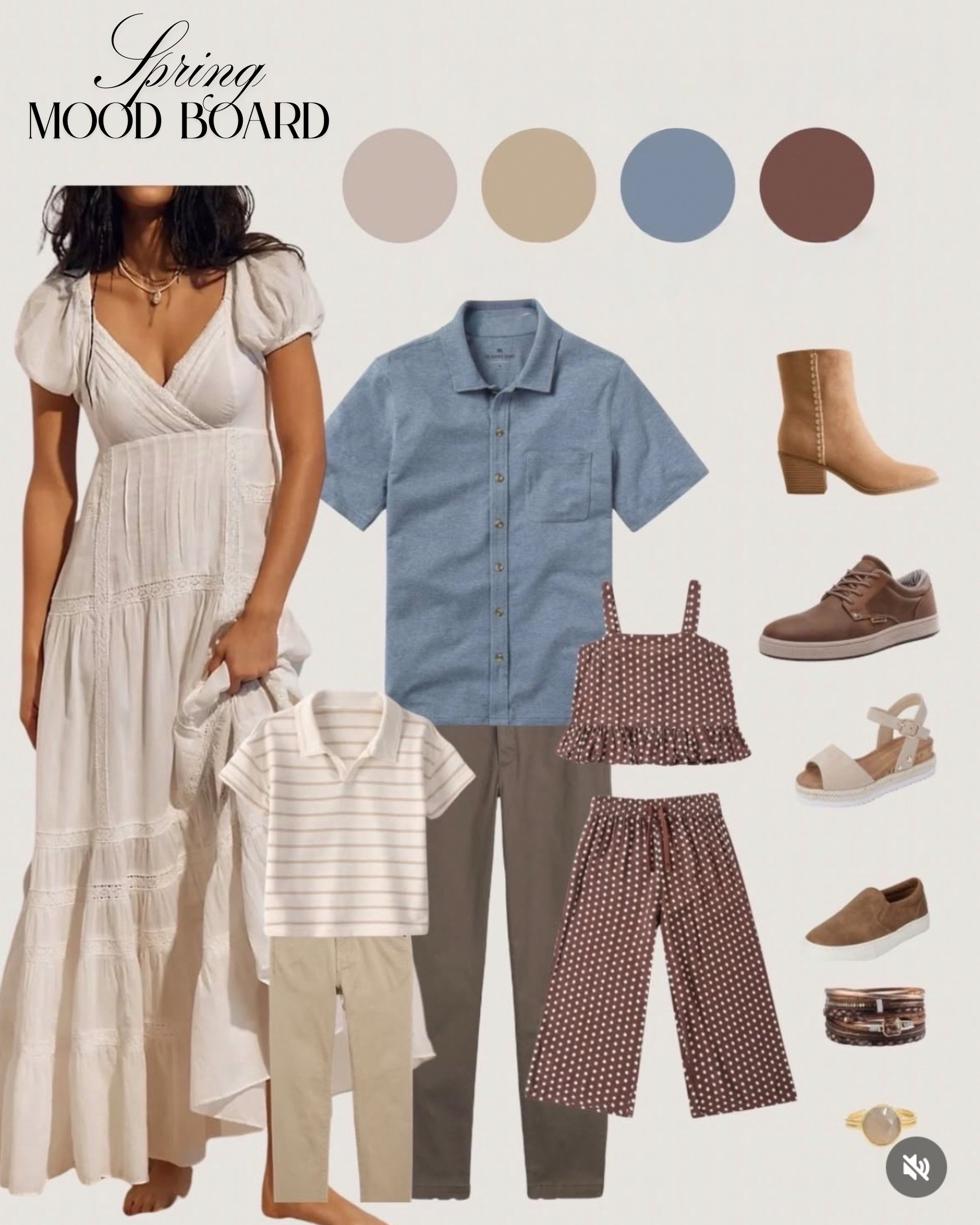 Collage of clothing and accessories for spring, including a white dress, striped shirt, beige pants, a blue short-sleeve shirt, polka dot top and pants, and various shoes and jewelry, with a color palette of four neutral tones.
